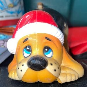 Vintage Hard Plastic Christmas Figurine - Basset Hound Wearing a Santa Hat